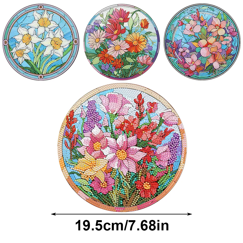 4pcs DIY Bloom Flowers Acrylic Diamond Painted Placemats for Dining Table Decor(19.5cm)