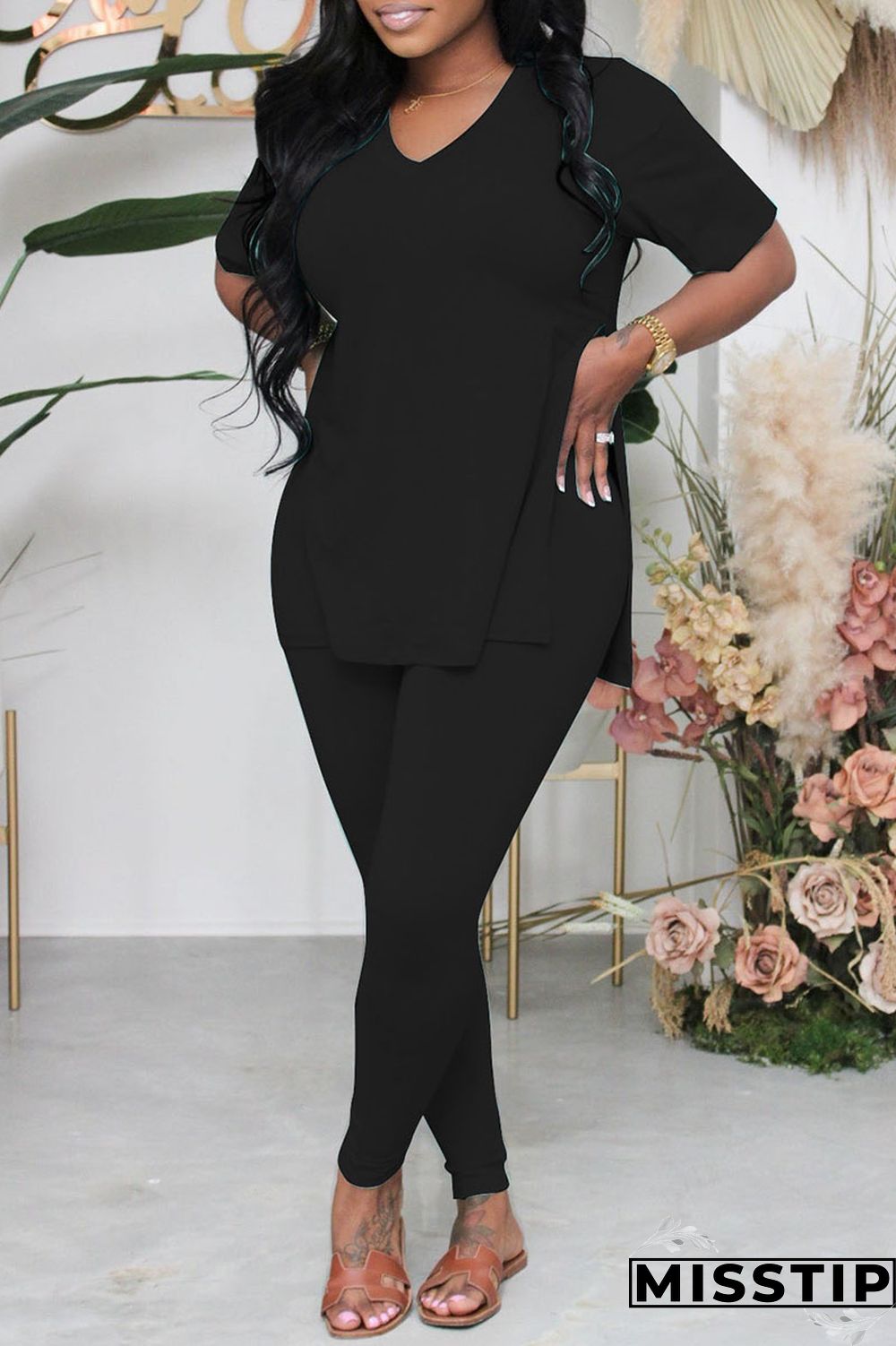 Black Casual Solid Patchwork Slit V Neck Short Sleeve Two Pieces