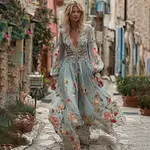 Women's Vintage Floral Art V-neck Casual Long Sleeve Maxi Dress - Image 2