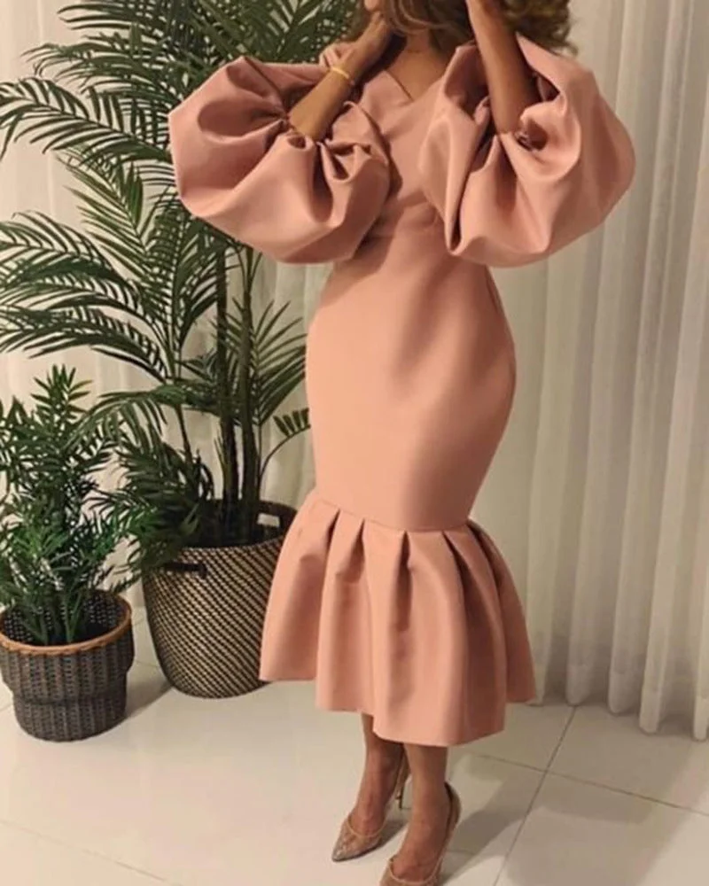 Brownm Commute Plus Size Women's Fashion Solid Color V-neck Bubble Long Sleeve Fishtail Dress