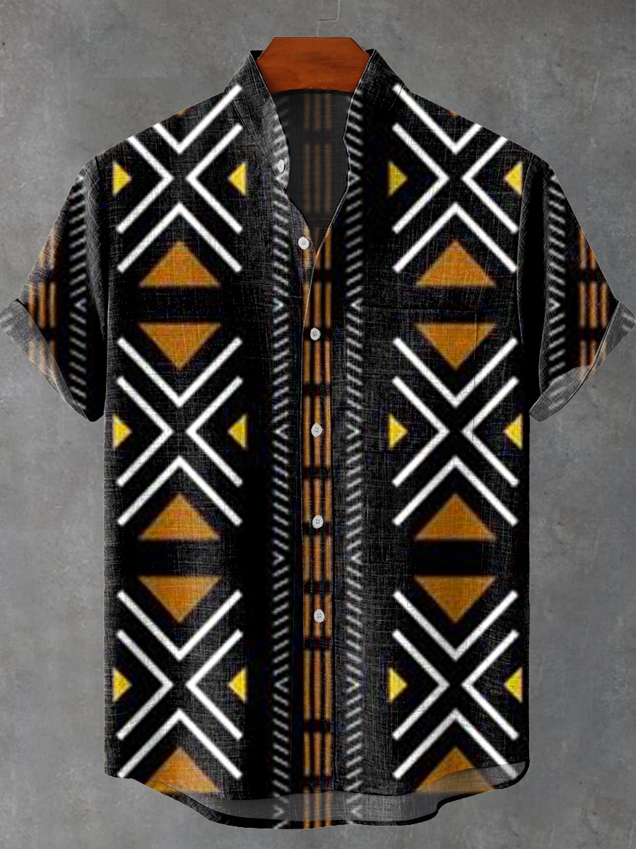 Vintage Africa Diamond Geometric Stripes Art Print Casual 100% Cotton Shirt