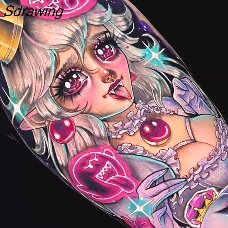 Sdrawing Temporary Tattoo Sticker Anime Cartoon Cute Pink Hair Girl Flower Necklace Fake Tatto Flash Tatoo Art for Women Men