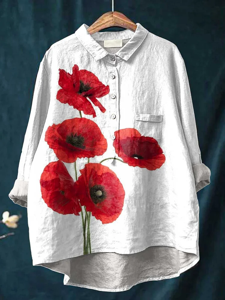 WomenS Art Poppy Flower Casual Cotton And Linen Shirt