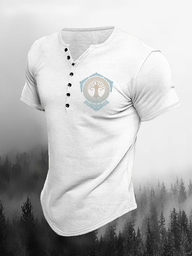 Men's Viking Peace Dove Totem Print Henley Shirt