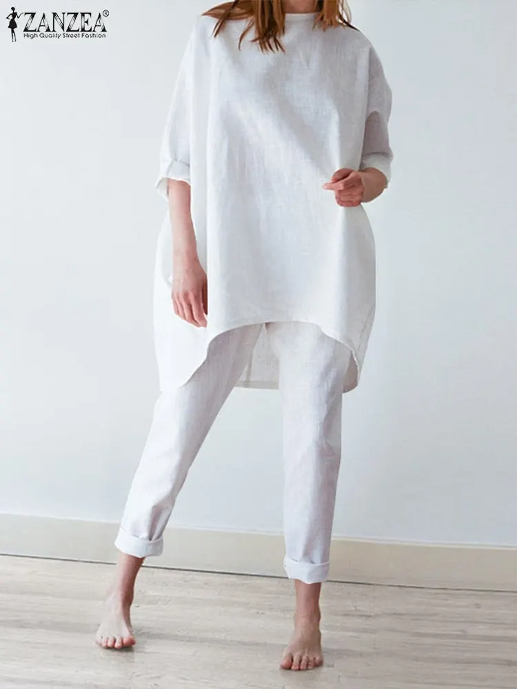 Fashion Urban Tracksuit Women Summer Pants Suits ZANZEA Two Piece Sets Casual 3/4 Sleeve Irregular Blouse Trousers Sets Outifits
