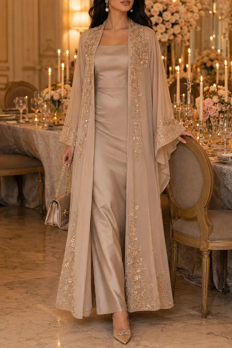 Embroidery Abaya Square Neck Long Sleeve Maxi Dresses 2pcs Set [Pre Order]
