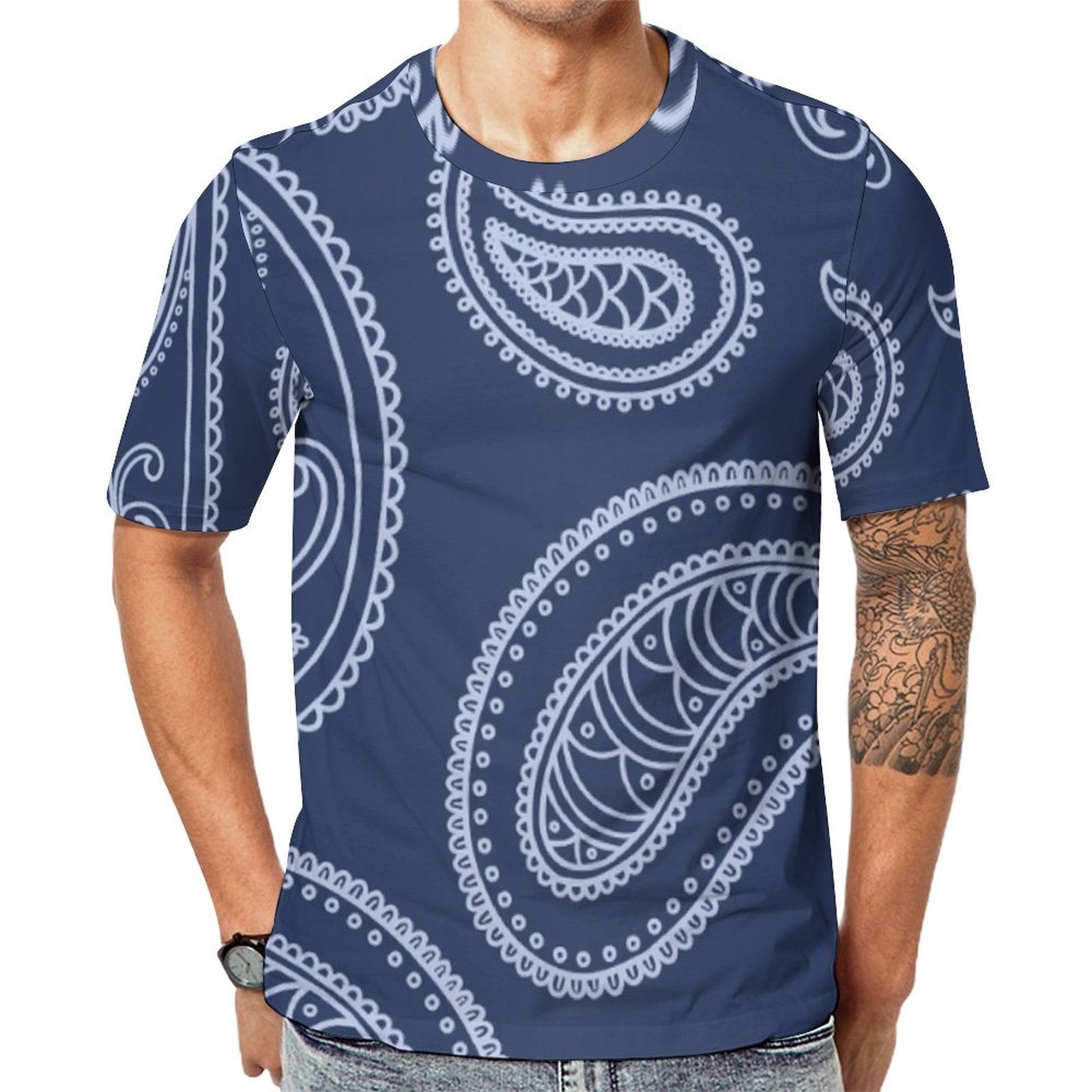 Elegant Dark Blue Paisley Short Sleeve Print Unisex Tshirt Summer Casual Tees for Men and Women Coolcoshirts