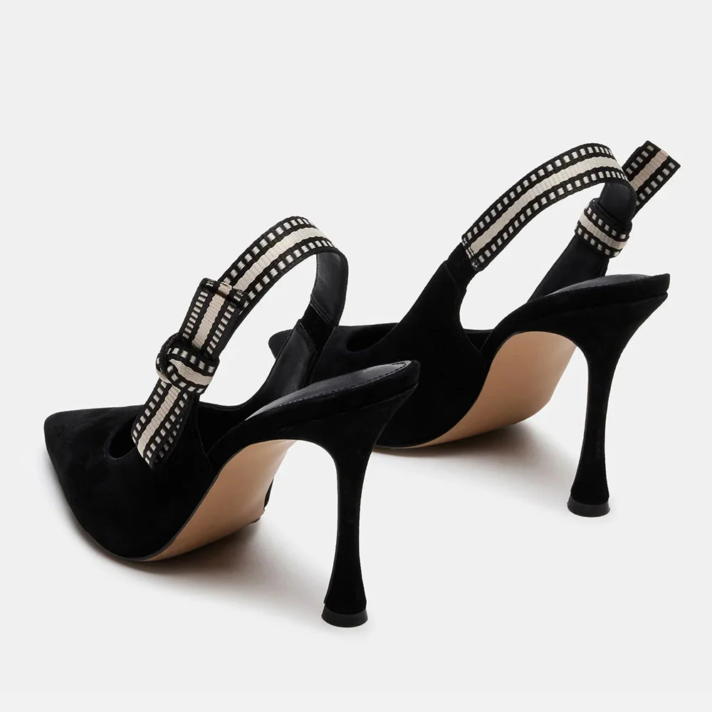 Pointed Toe Stiletto High Heel Slingback Black Pumps with Bow