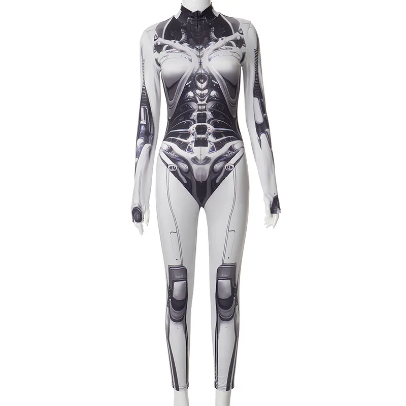 Pengamezz 3D Printed Cosplay Bodycon Jumpsuits Y2k Techwear Long Sleeve Gothic Punk Playsuits Anime Women Mock Neck Zip Bodysuit