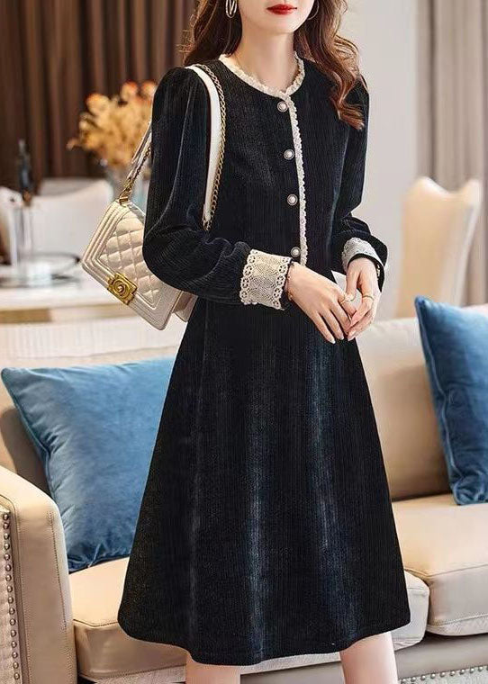 VCSHOES Black O-Neck Lace Patchwork Thick Corduroy Maxi Dresses Spring