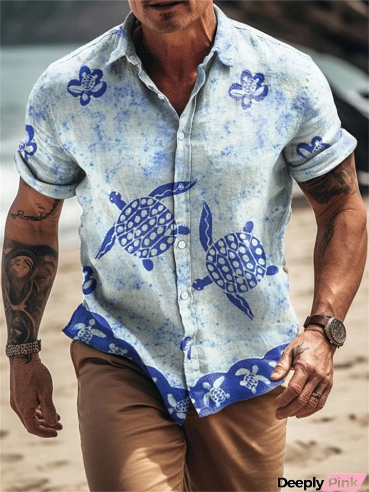 Men's Turtle Print Short Sleeve Lapel Large Size Hawaiian Shirt