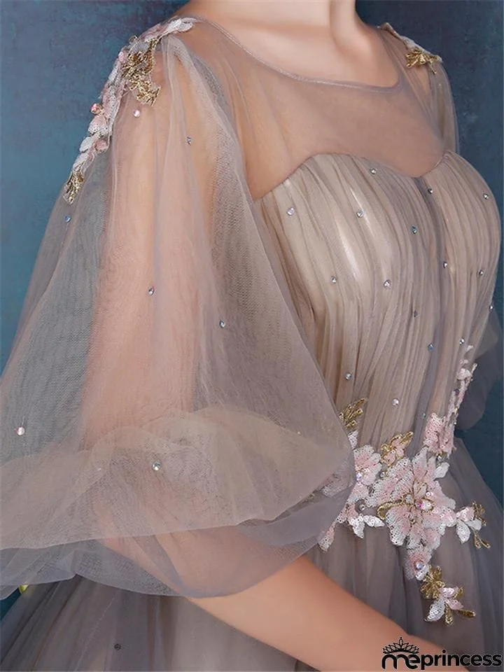 Gorgeous Illusion Neck Fitted Waist Applique Fairy Dress for Prom