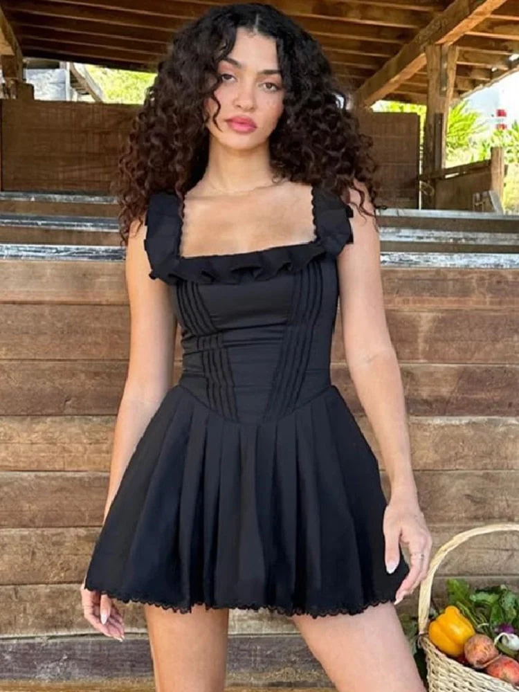 Toloer Black Corset Square Neck Frill Strap Mini Dress-Outfit Ideas