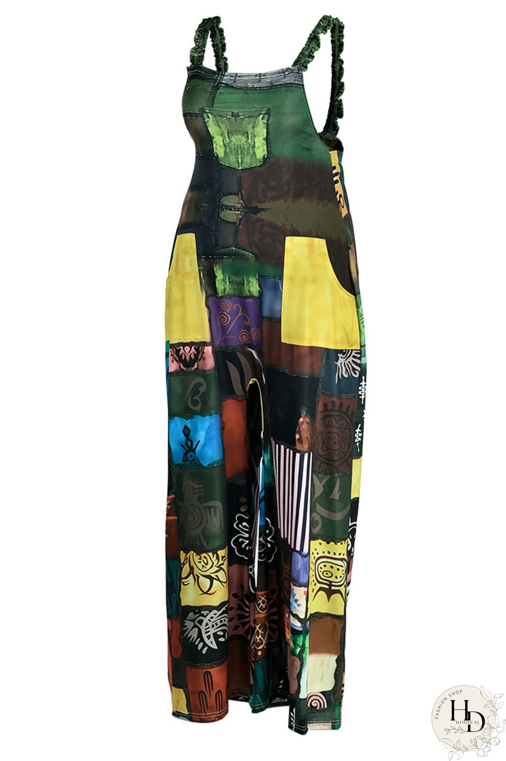 Blue Fashion Casual Street Print Patchwork Spaghetti Strap Loose Jumpsuits