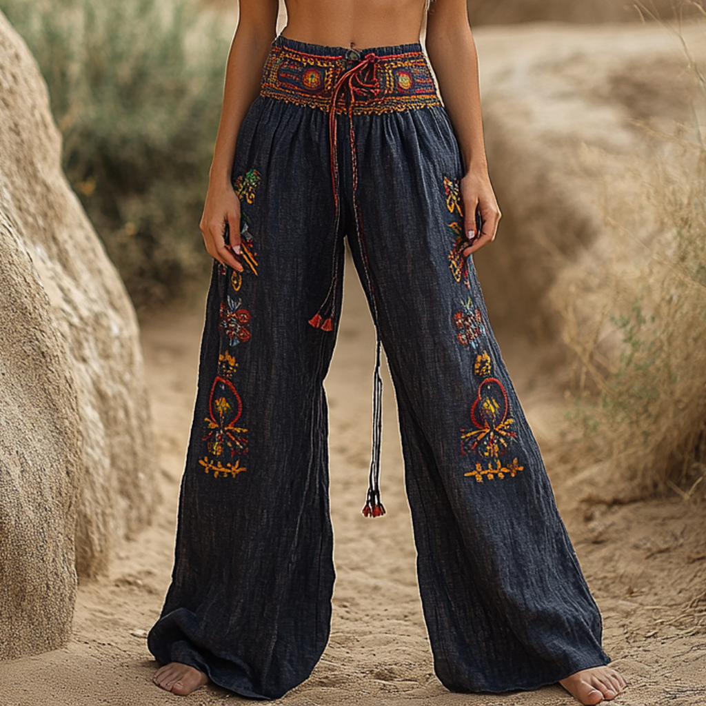 Bohemian Linen Print Ethnic Holiday Casual Pants