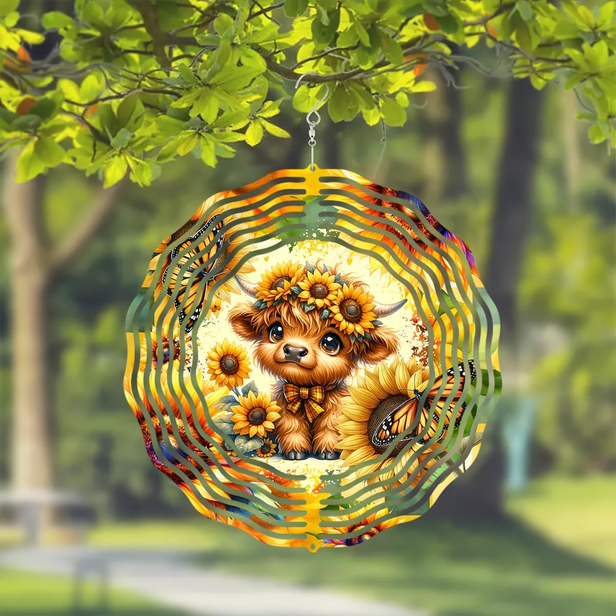 Tegooe Tegooe Highland Cow Sunflower Metal Wind Spinner 2D Laser-Cut Hanging Outdoor Garden Art Patio Decor