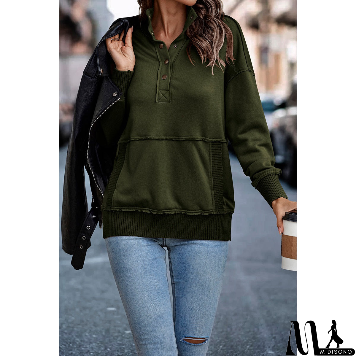 MidiSono - Chic Collared Block Button-Up Sweater