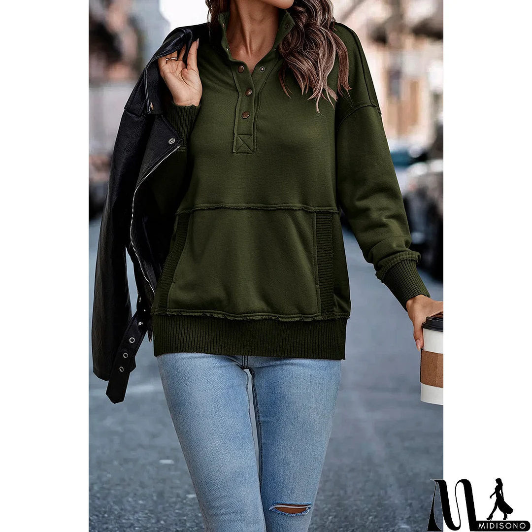 MidiSono - Chic Collared Block Button-Up Sweater