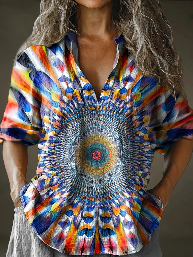 Women's Rainbow Abstract Art Pattern Print Long Sleeve Comfortable Cotton And Linen Shirt