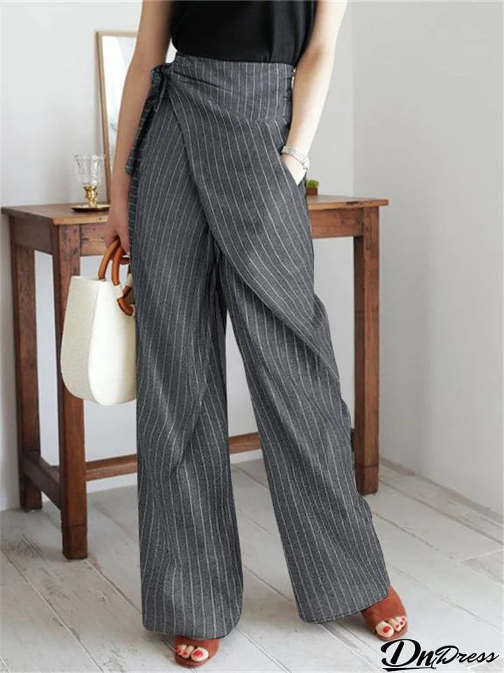 On-Trendy Side Tie Fastening Asymmetric Wrap Design Pocket Striped Pants