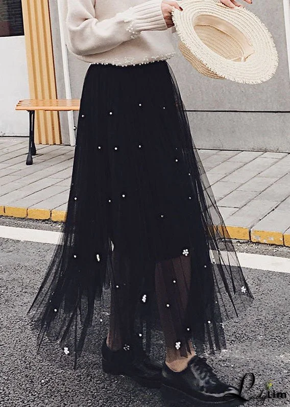 Boutique Black Wrinkled Nail bead Patchwork Tulle Skirts Summer