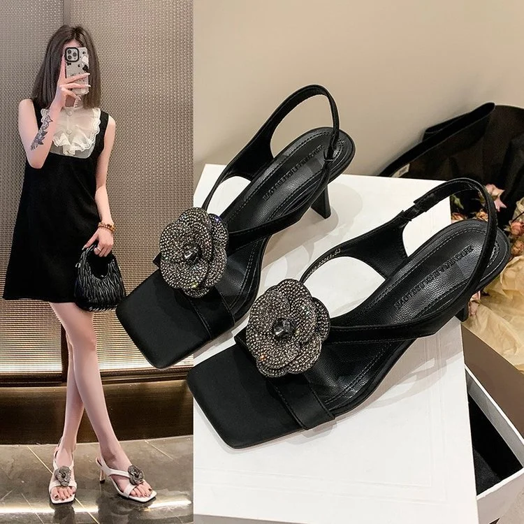 Uveng Uveng Water Drill Mountain Tea Flowers Loose With Exposed Toe High-Heeled Women's Fine Back Empty Sandals 2024 New Dress