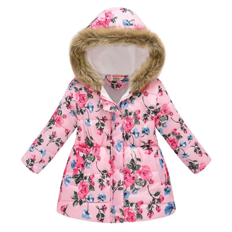 Thicken Winter Girls Jackets Fashion Printed Hooded Outerwear For Kids Internal Plus Velvet Warm Girls Coats Christmas Present