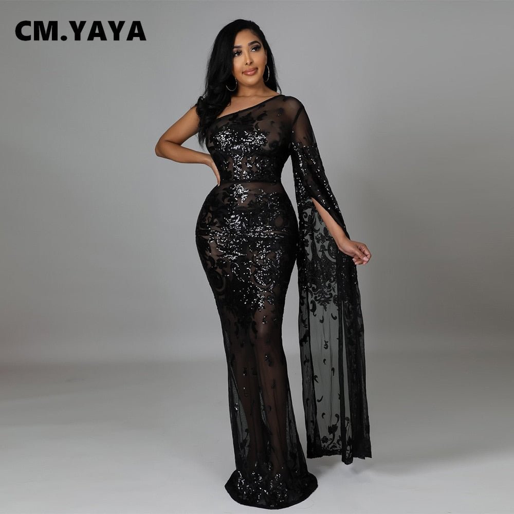 CM.YAYA Women Sequined Paisley Mesh See Though One Shoulder One Long Clock Sleeve Mermaid Maxi Dress Sexy Night Party Long Dress