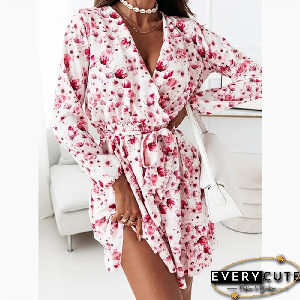 Fall Fashion Floral Print V-neck Long Sleeve Slim Mini Dress Ladies Elegant Vestidos