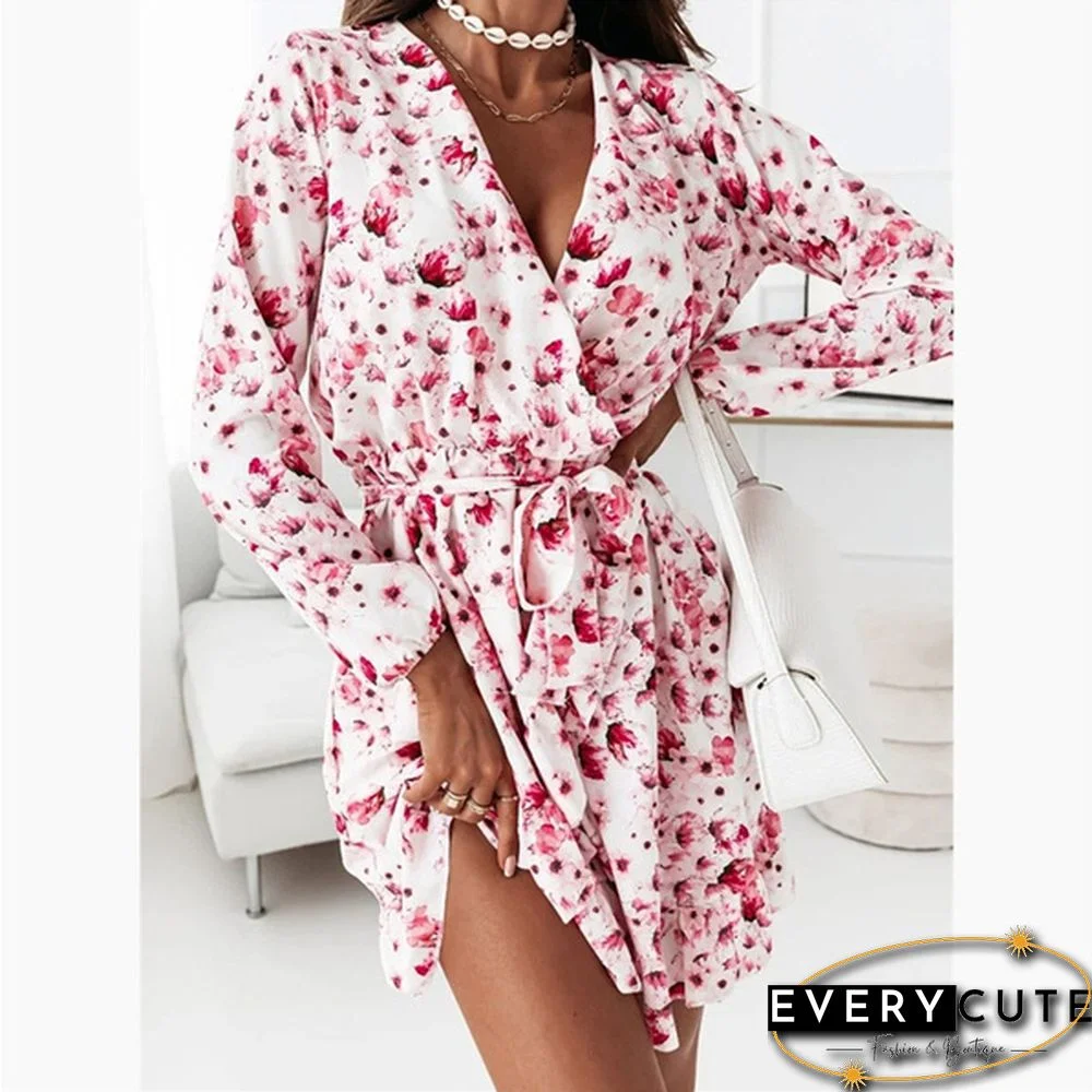 Fall Fashion Floral Print V-neck Long Sleeve Slim Mini Dress Ladies Elegant Vestidos