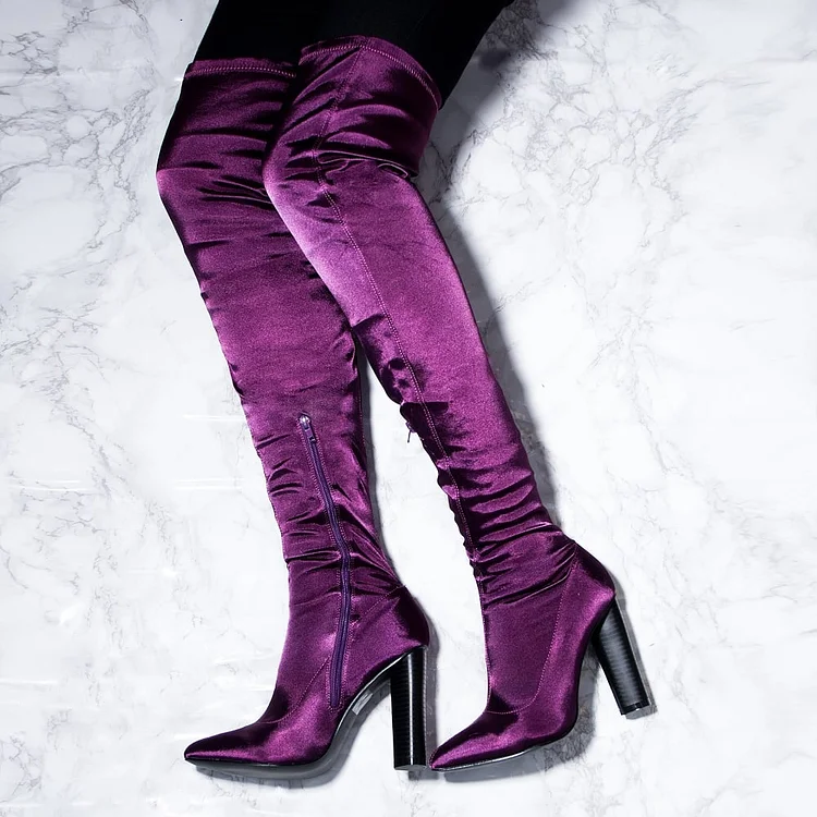 Purple Satin Chunky Heel Boots Thigh High Boots |FSJ Shoes