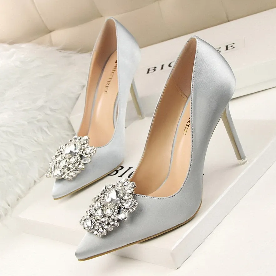 Women Fashion Crystal High Heel Shoes 2019 Sexy Pointed Toe Thin Heels Wedding Pumps Casual Elegant Sexy Green Shoes Autumn