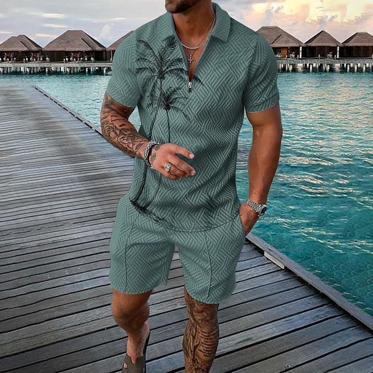 BrosWear Ocean Coconut Print Pocket Short Sleeve Polo Shirt And Shorts Co-Ord