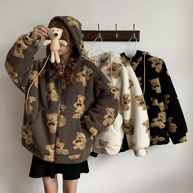 Cartoon Cute Khaki/Black/Beige Bear Hoodie Coat SP16144