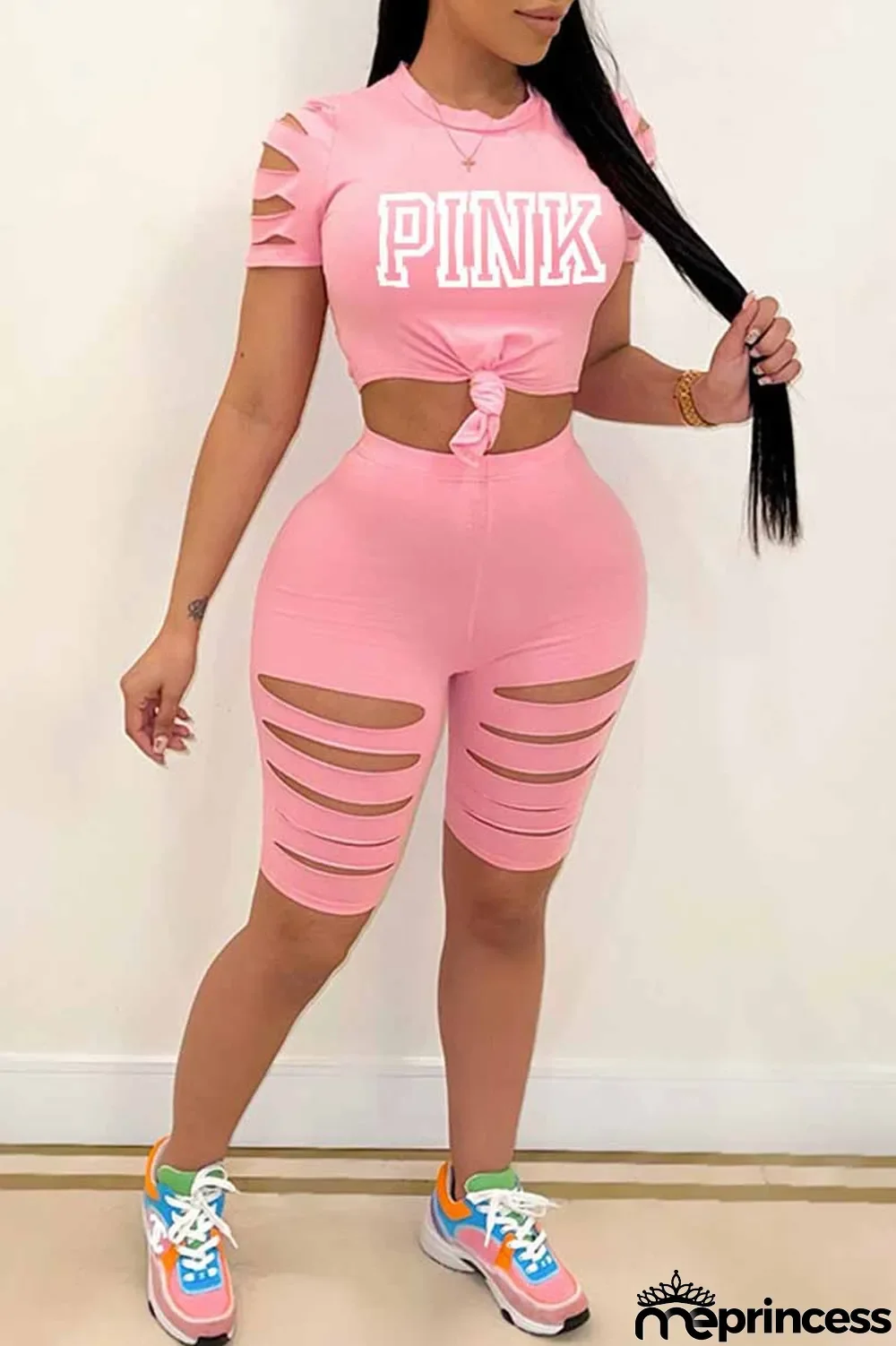 Black Casual Print Ripped Letter O Neck Short Sleeve Two Pieces