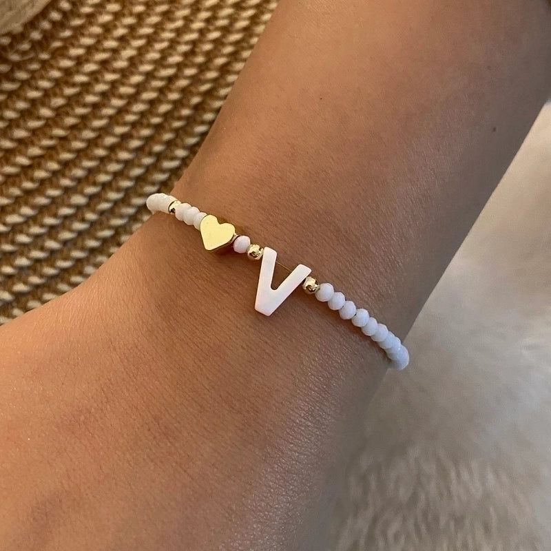 Sweet Commute Letter Heart Shape Stainless Steel Artificial Crystal Shell 18K Gold Plated Bracelets In Bulk