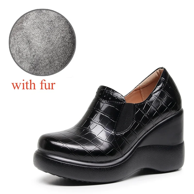 Iplaynox 8cm Big Size 32-43 Soft Leather Loafers Deep Mouth Pumps 2025 Fall Winter High Heels Shoes Wedges Platform with Fur Office Mom