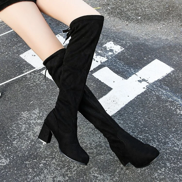 Wongn Wongn / Winter 2023 New Over-Knee Boots Fashion Suede Round Head Thick Heel High Heel Elastic Boots After The Strap Women's Long Boots