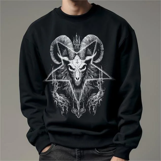 Gothic Devil Five-pointed Star Printed Round Neck Sweatshirt Black Unisex