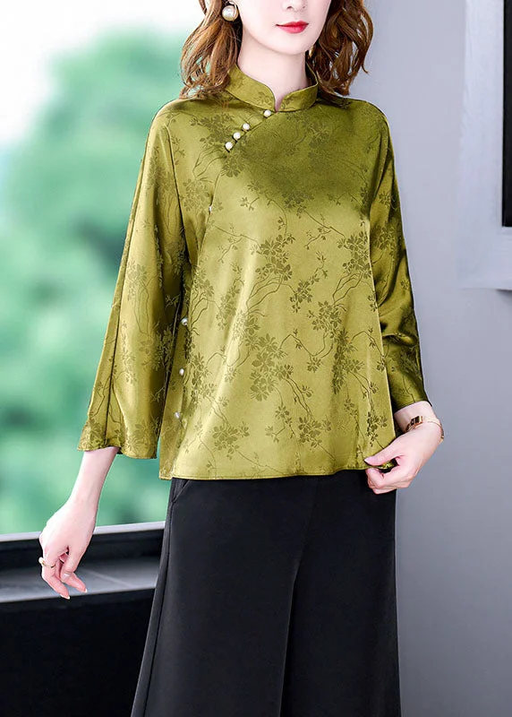 Loose Yellow Green Mandarin Collar Oriental Button Jacquard Silk Top Summer