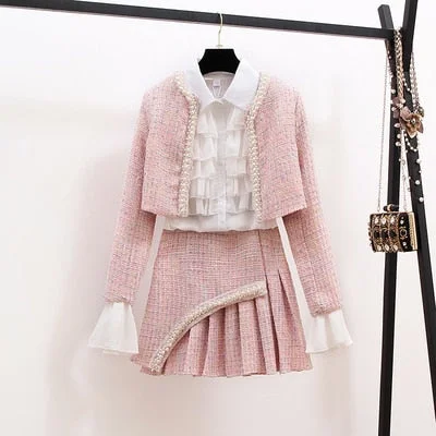 Elegant Slim Coat Skirt Shirt Three-piece Suit Tweed Sets SP17486