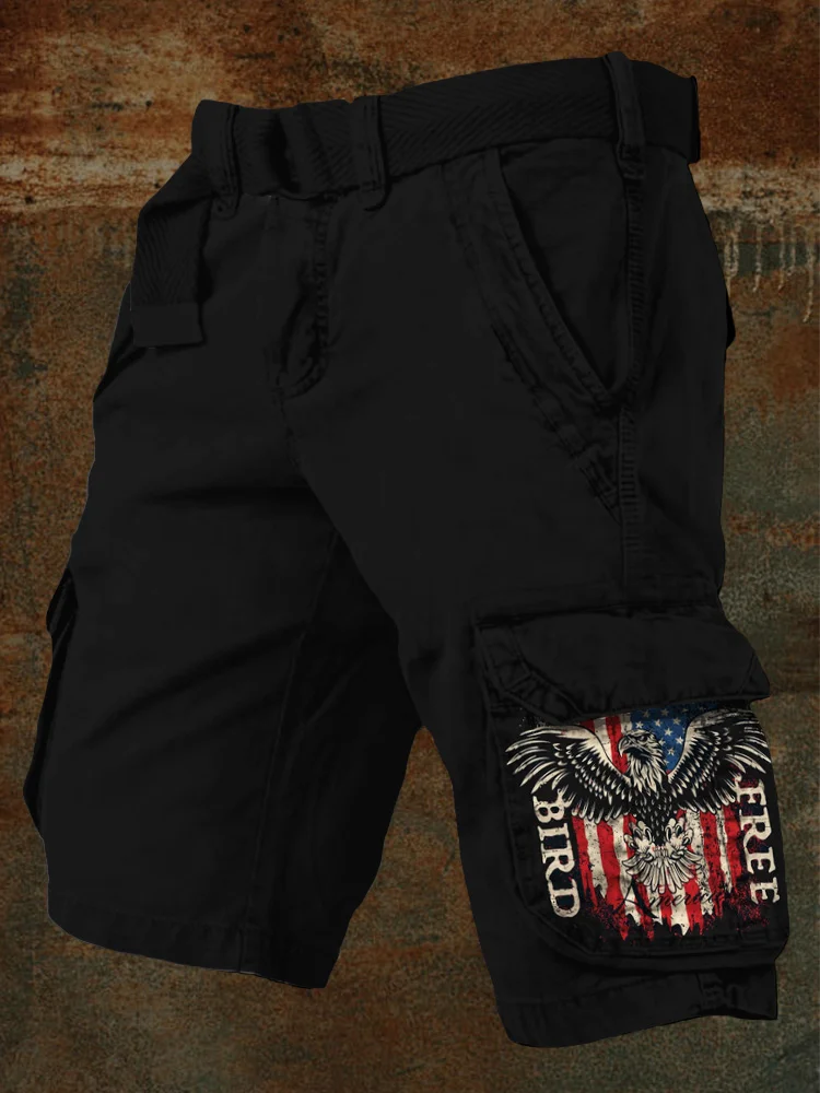 Men's Vintage Free Bird American Flag Inspired Cargo Shorts