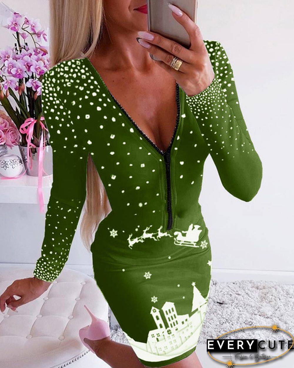 New Fashion Women V Neck Christmas Print Bodycon Dress Plus Size Slim Fit Sexy Long Sleeve Dress