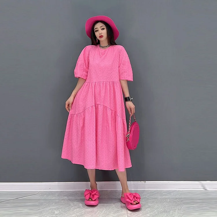 Elegant Loose Solid Color Three-dimensional Texture Half Sleeve Dress      