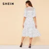 SHEIN White Mesh Yoke Polka Dot Ruffle Hem Vintage Summer Long Dress Women Bishop Sleeve Fit and Flare A Line Elegant Dresses