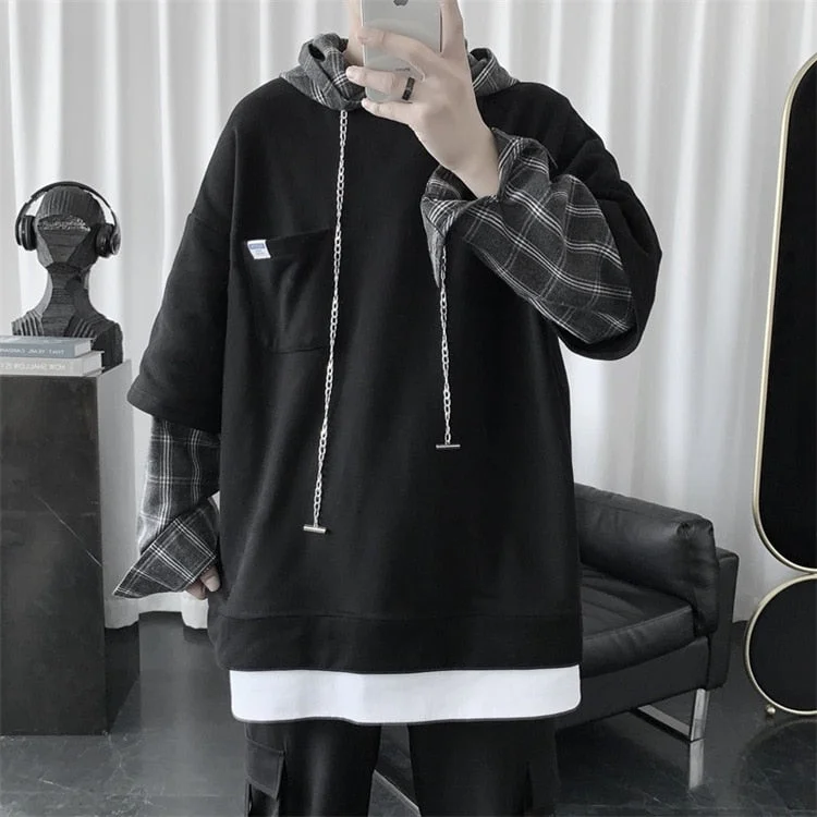 Thanksgiving Day Gifts Fake Two-Piece Fashion Hoodie Men Spring And Autumn Plaid Stitching Hooded Jacket Korean Clothes Harajuku Hoodies For Men