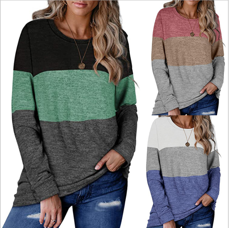 Women's round neck pullover color block sweater loose casual top