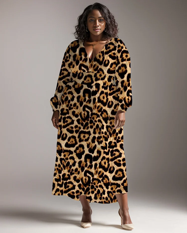 Plus Size Women's Leopard Print Long Sleeve V Neck Dress