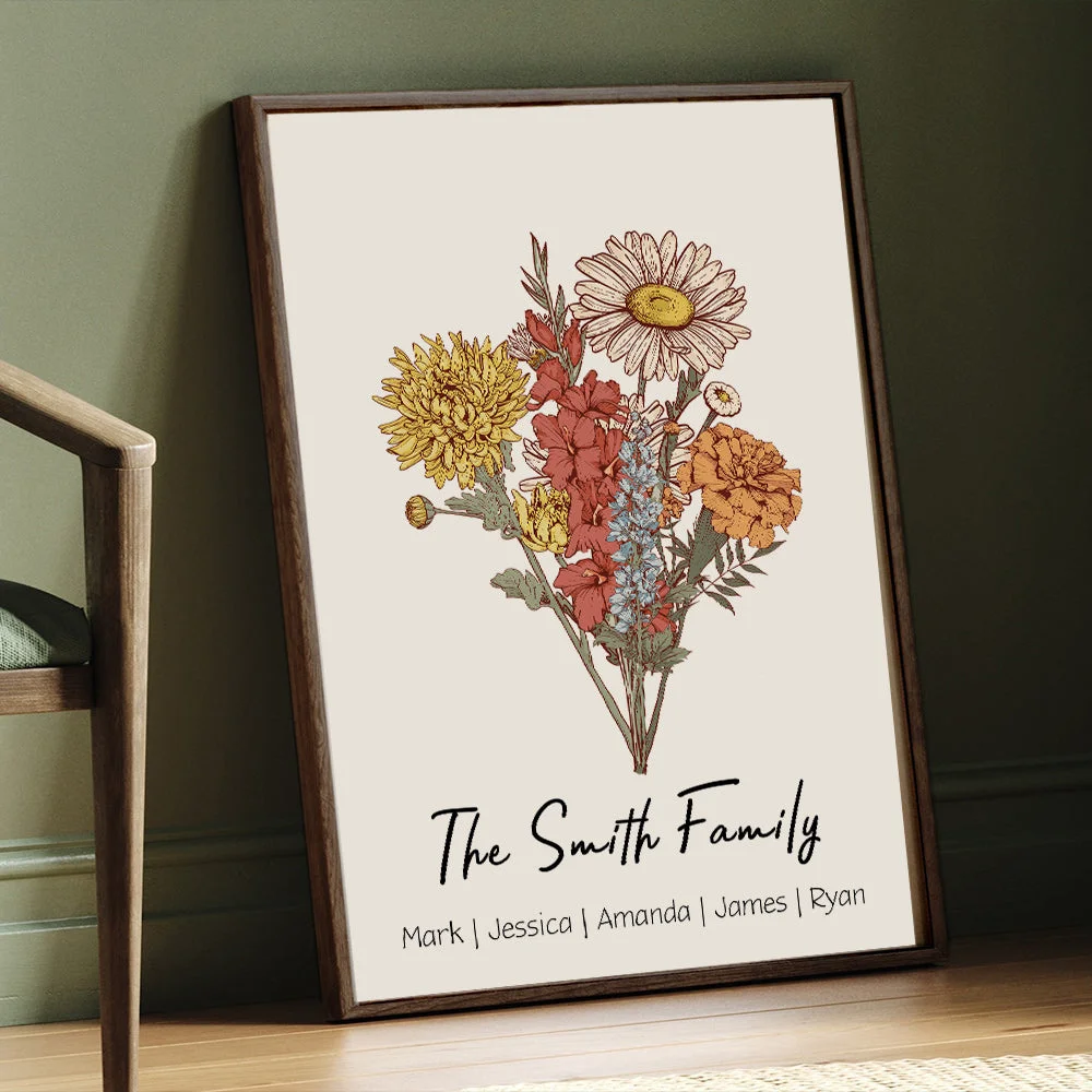 💝 Birth Flower Family Bouquet Personalized Names Frame