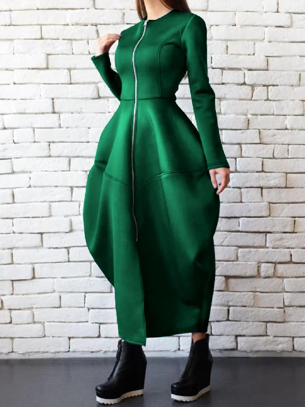 Split-Joint Zipper Round-Neck Maxi Dress Coat Bubble Dress